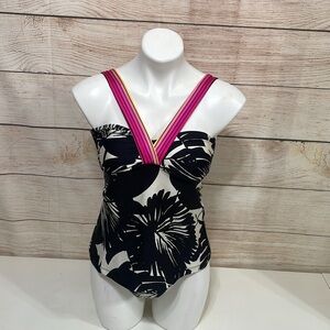 Trina Turk Vibrant Pink and Black Tropical Palm Patterned One Piece Swimsuit S